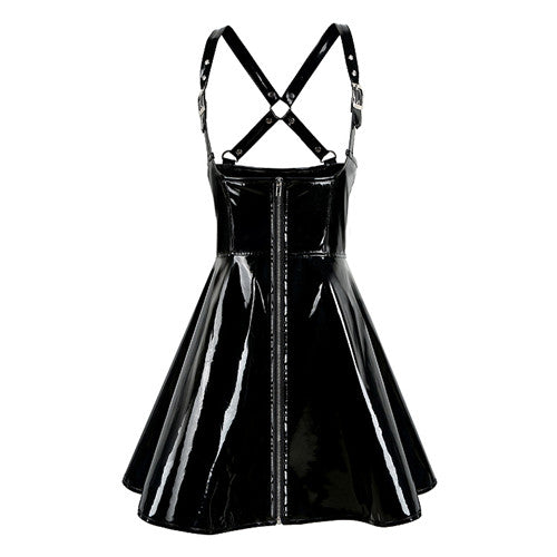 Black crisscross back PVC leather A line dress adjustable shoulder straps nightclub PVC dress shiny leather pole-dancing dress