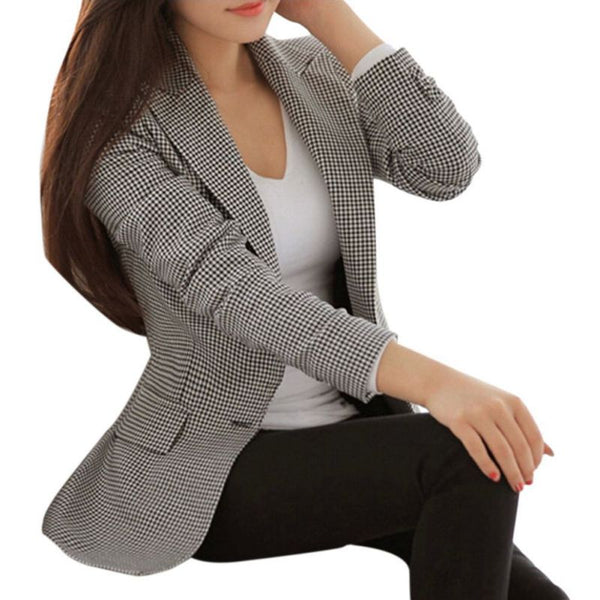 Blazer Feminin 2022 Women Grey Plaid Blazer Style Slim Blazers And Jackets One Button Suit Girl Office Jacket Elegant 3xl