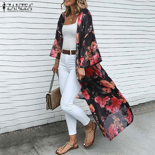 Bohemian Printed Maxi Kimono Women's Summer Blouses ZANZEA 2023 Casual Long Sleeve Cover Up Female Floral Tunic Cardigan Tops