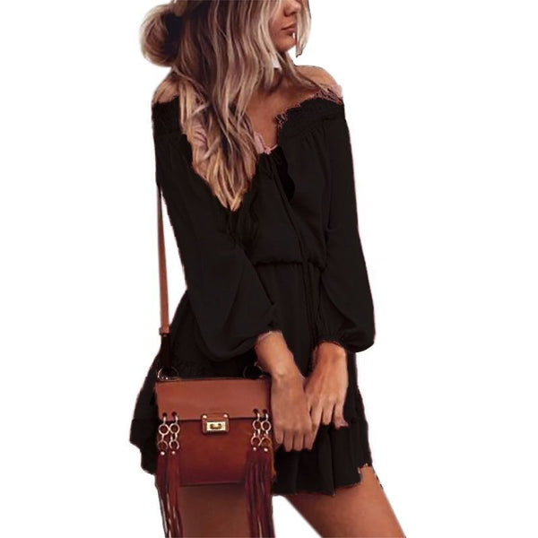 Chiffon Dresses Slash Neck Beach Summer Beach Mini Dress Lantern Long Sleeve Ruffle Women Sexy Party Vintage Dress GV687