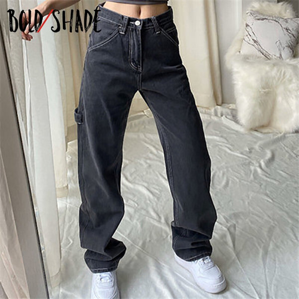 Bold Shade Streetwear Grunge Jeans High Waist Straight Boy Friend Pants Solid Teen Style Women Loose Jeans Fall Winter