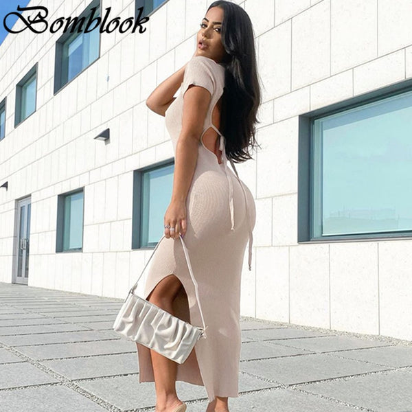 Bomblook Casual  Bodycon Dresses For Women's 2022 Summer Clothing Solid Backless Slim POLO Dress Female Sexy Streetwears