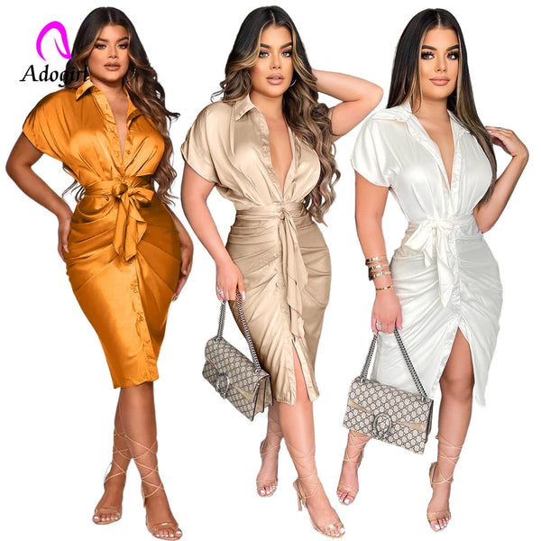 Button Up White Shirt Dress Women Turn-down Collar Pockets Satin Party Stacked Dress 2022 Autumn Bodycon Casual Workout Vestidos