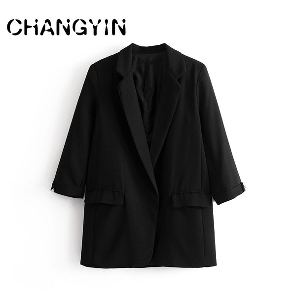 Women Elegant Pink Black Blue Green Blazer Three quarter Sleeve Pockets Notched Collar Outerwear Office Casual Tops