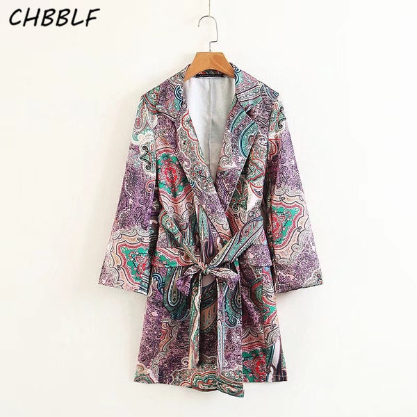 fashion paisley pattern blazer coat open stitch bow tie sashes long sleeve outerwear ladies loose coat XSZ1660
