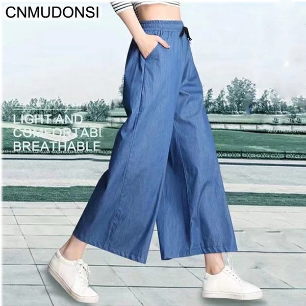 2022 Summer Plus Size Wide Leg Pants Jeans Female Loose Denim Trousers Big Size Casual Palazzo Pants Woman