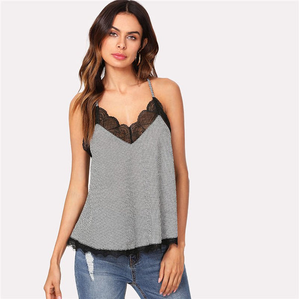 Lace Insert Plaid Cami Top 2022 New Summer Asymmetrical Plaid Camisole V Neck Spaghetti Strap Casual Woman Top