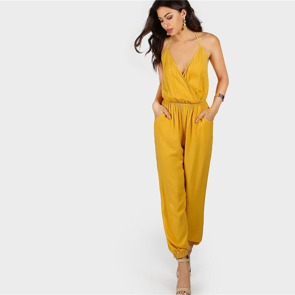 Self Tie Halter Surplice Slanted Pocket Front Tapered Jumpsuit 2022 Deep V Neck Wrap Female Bottom Spring Jumpsuit