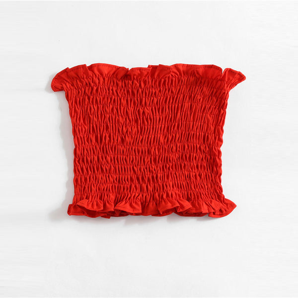 Shirring Stretchy Bandeau Top 2022 New Strapless Frill Vacation Crop Women Top Summer Red Plain Slim Fit Vest