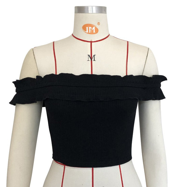 Slash neck Ruffles crop top Short Sleeve Ribbed Smocked Tube top Solid tanks Cropped summer tops for women 2022 QL3867