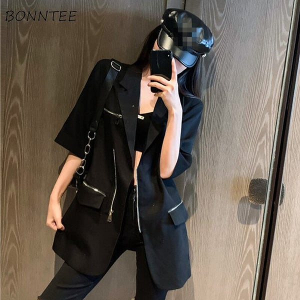 Chic Blazers Women Casual Harajuku Summer Street Chain Black Zipper Half-sleeve Cool Comfort Thin Breathable Coat Office New