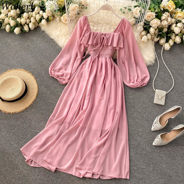 Chic Elegant Square Collar Maxi Dress Women Solid Chiffon Puff Sleeve Dresses 2022 Korean Vintage Ruffle Vestidos