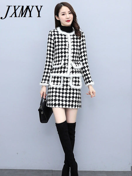 Choundstooth Wool Elegant Temperament Suit Women's Autumn And Winter Stitching Mink Wool Skirt Two-Piece Set