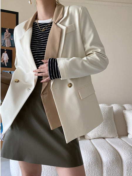 Color Block Patchwork Blazers Coat For Women Notched Double Breasted Office Lady Clothing 2023 Autumn M878