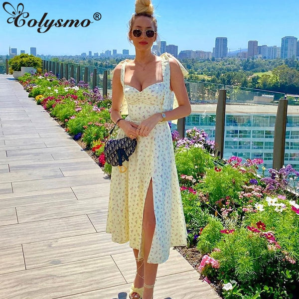 Colysmo Floral Summer Dresses Women Spaghetti Straps Chest Ruched Long A-line Dress Sweet Print Prairie Chic Midi Dress 2022
