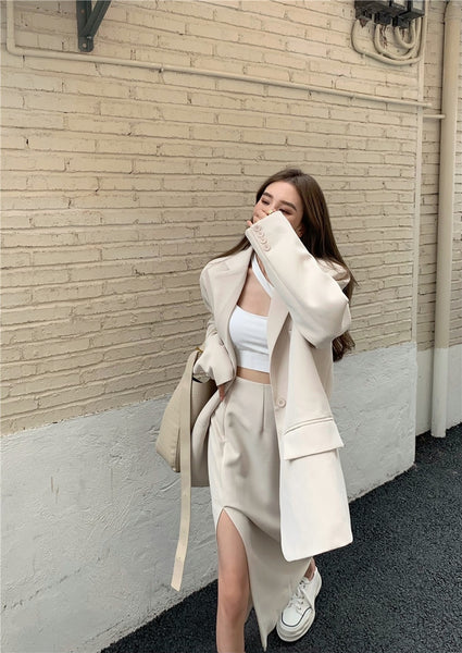 Commuter Elegant Temperament Suit Skirt Women's Spring Summer 2022 Skirt High Waist Split White Black Mid-length Blazer Set