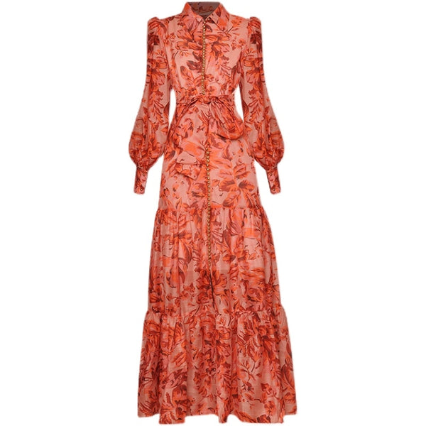 DIDACHARM High Quality Long Dress Spring Women'S Vintage Elegant Lapel Long Sleeve Button Printing Party Dresses