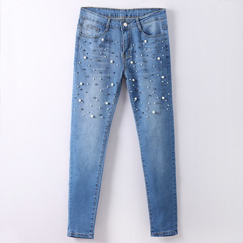 Denim Women Skinny Jeans With Pearls Pants Slim Femme Beading Pearl Jeans Woman 2022 With beads Mid Waist Pencil Jean For Women