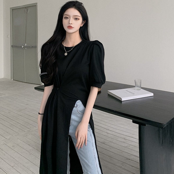 Design Twist Split T-shirt Dress Women's Summer Retro Crew Neck Simple All-Match Puff Sleeve Dress