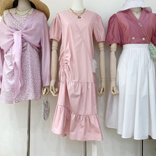 Dongdaemun Women's Clothing 2022 Spring and Summer All-Match Sweet Side Drawstring Long Korean Style Loose Dress
