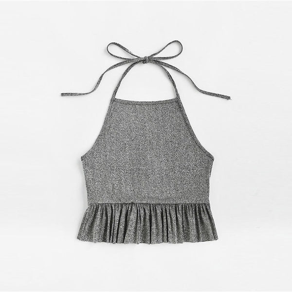 Frill Hem Glitter Halter Top 2022 Peplum Backless Ruffle Hem Ladies Top Summer New Fashion Plain Crop Vest