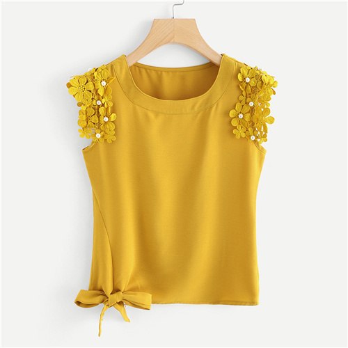Knot Side Pearl Beaded Detail Top 2022 Summer Round Neck Elegant Tank Women Ginger Plain Contrast Lace Tank Top