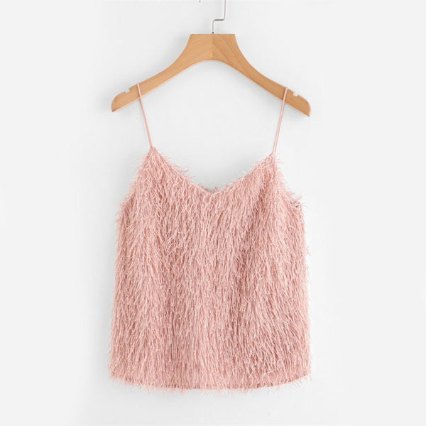 Pink Fringe V Neck Cami Top 2022 New Arrival Autumn Spaghetti Strap Woman Clothes Cute Plain Camisole