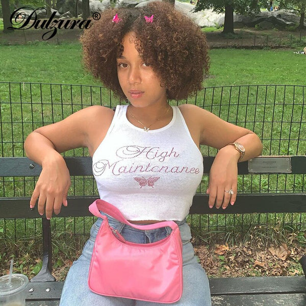 Dulzura Letter Butterfly Rhinestone Ribbed Women Crop Top Tanks Bodycon Sexy Streetwear Casual 2022 Spring Summer Party Club