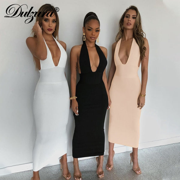 Dulzura Solid Ribbed Knitted Stripe Women Halter Midi Dress Backless Patchwork Bodycon Sexy Party Elegant Club 2022 Summer Club