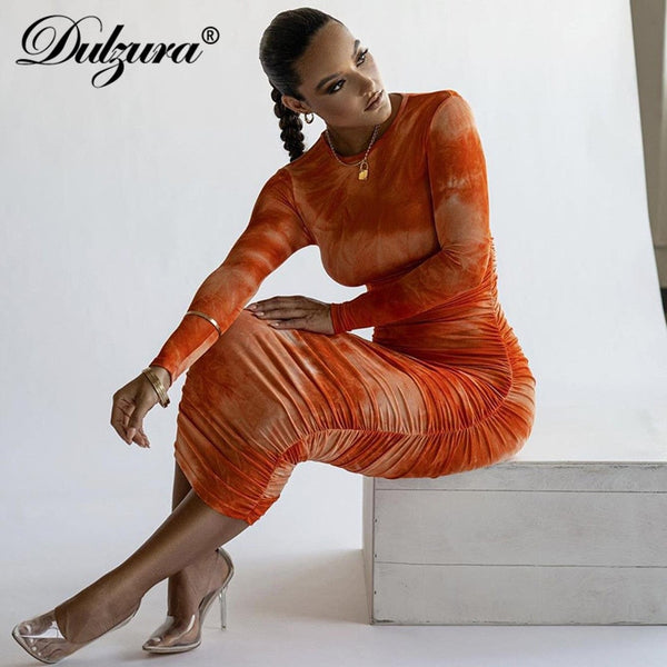Dulzura Tie Dye Print Women Long Sleeve Ruched Midi Dress O Neck Bodycon Sexy Streetwear 2022 Autumn Winter Clothes Slim Club