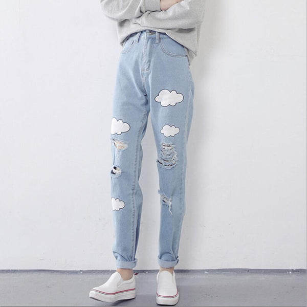 2022 Women Jeans Cloud Print Ripped Jeans Casual Slim Vintage High Waist Denim Jeans Boyfriend For Women Harem Pants
