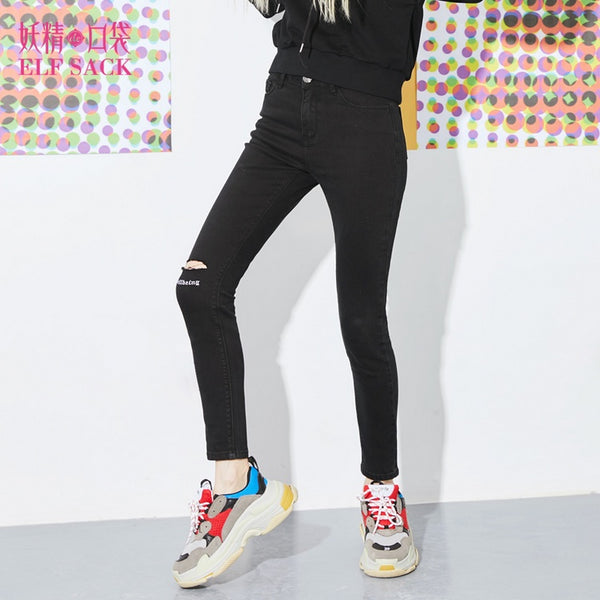 2022 Spring Women Tight Pencil Pants Denim Jeans Hole Women Slim Black Letter Embroidery Basic Casual Girl's Jeans