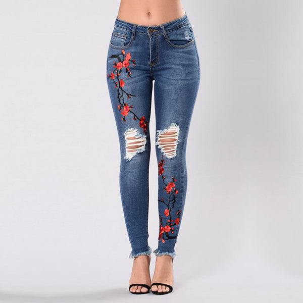 Embroidery Ripped Jeans For Women Casual Pencil Skinny Hole Slim Denim Pants Female Stretchy Trend Femme Trousers
