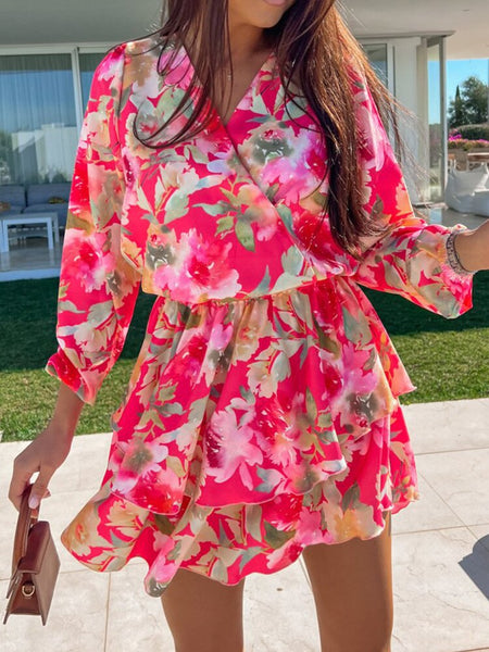 Elegant Floral Print Ruffle Mini Dress Dress Spring Summer Casual Long Sleeve A-Line Dress Sexy V Neck Elastic Waist Mini Dress