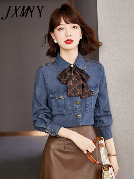 European Station Spring And Autumn Products Elegant Temperament Streamer Denim Shirt Women's Loose Thin Shirt Top