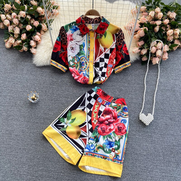 European station summer design sense printing suit summer short-sleeved shirt all-match high-waist wide-leg shorts tide