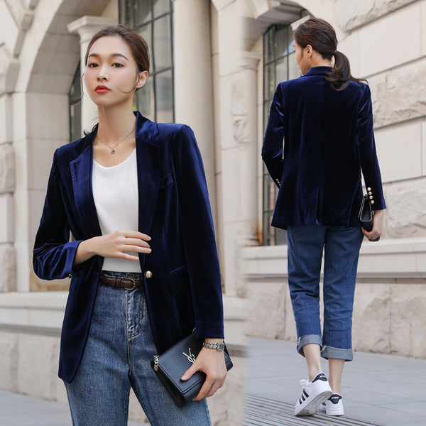 Exquisite ladies suit blue gold velvet small suit short jacket female long sleeve spring and autumn thin section 2023 new