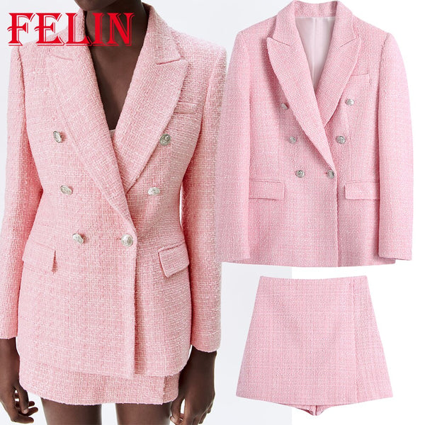 FELIN Za Chic Pink Office Lady Blazer Women Plaid V Neck Double Buttons Pockets Loose Long Jackets Women 2022 Chic Tops