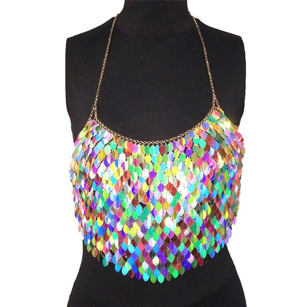 Halter Sequined Scales Handmade Crop Top Camis Backless Metal Chain Tank Top Nightclub Beach Summer Tops For Women 2022
