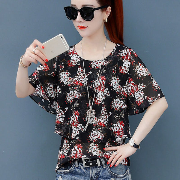 Fake Two Pieces Women's Blouses Ladies Tops Summer Short Sleeve Chiffon Blouse Shirt Floral Print Blusas Mujer Moda 2022