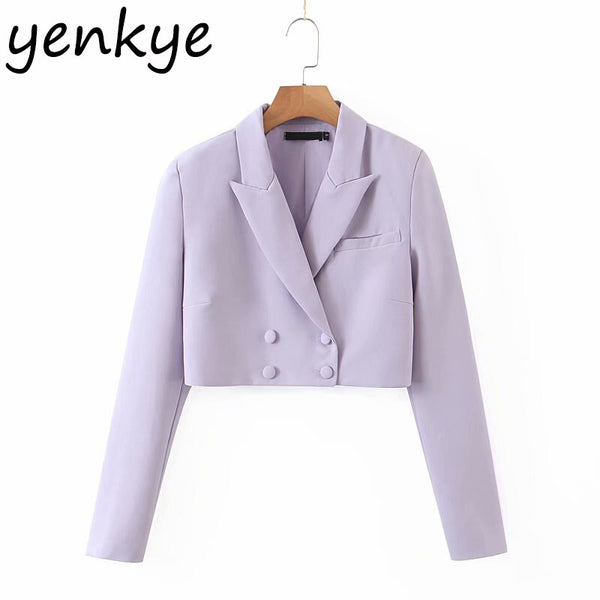 Fall Women Cropped Blazer Vintage Solid Color Long Sleeve Notched Collar Double Breasted Elegant Office Jacket Suits