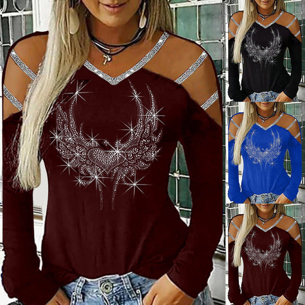 Bling Rhinestone Blouse Shirt Cold Shoulder Top Tee Casual Autumn Winter Ladies Female Women Long Sleeve Blusas Pullover
