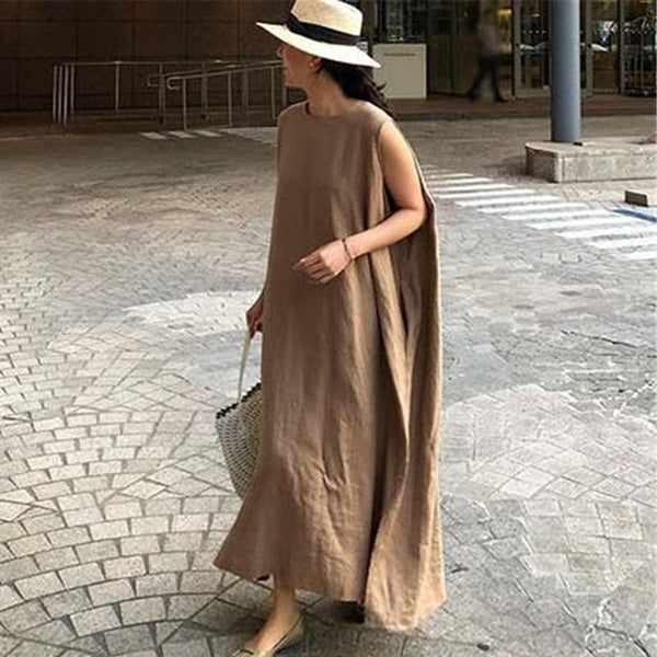 Casual Temperament Summer Women's Dress 2022 Loose Simple Thin Split Fork Oversize Solid Color Round Neck Vest Dress