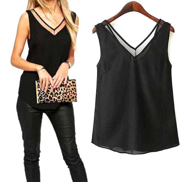 Fashion Chiffon Slim Loose Women Tops V-Neck Sleeveless Vest Shirt Backless Blouse Tops For Woman Girls JL