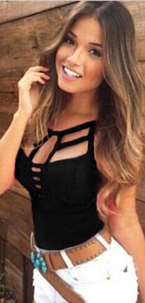 Fashion Ladies Summer Casual Sleeveless Bandage Hollow Out Slim Vest T-shirt Camis Gilet Sexy Women Tank Tops