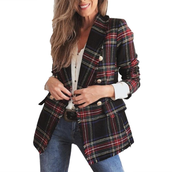 Plaid Women Blazer Coat Retro Button Lattice Jacket Blazer Female Casual Coats Green Red chaqueta mujer пиджак женский