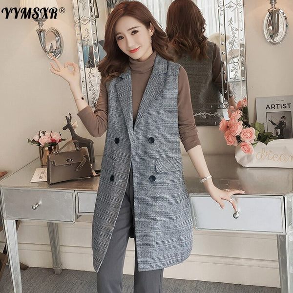 Temperament Women's Vest Suit 2022 Spring and Autumn Double-breasted Long Ladies Jacket Plaid Coat Women