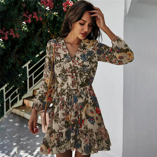 V-neck Long Sleeve Chiffon Floral Print Dress Casual Lace Up High Waist Beachwear Loose Temperamt Commute Mini Dress