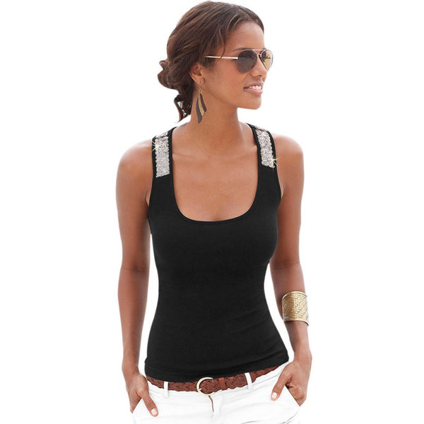 Fashion Women Vest Tops SleevelessCasual Sequin Stitching Tank Tops