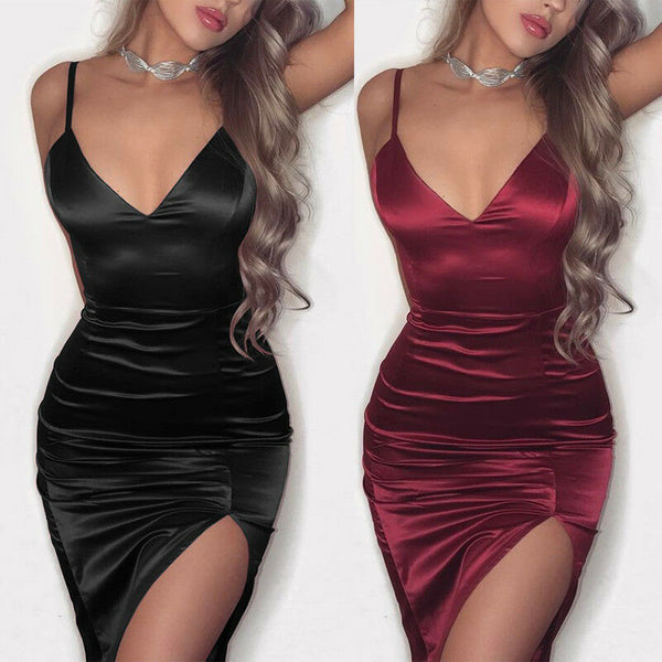 Women's Sexy Solid V-Neck Bodycon Sleeveless Mini Dresses Evening Party Beach Sexy Short Knee Length Dress